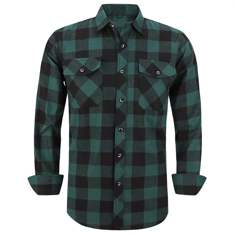 2021 New Men's Plaid Flannel Shirt Spring Autumn Male Regular Fit Casual Long-Sleeved Shirts For (USA SIZE S M L XL 2XL)