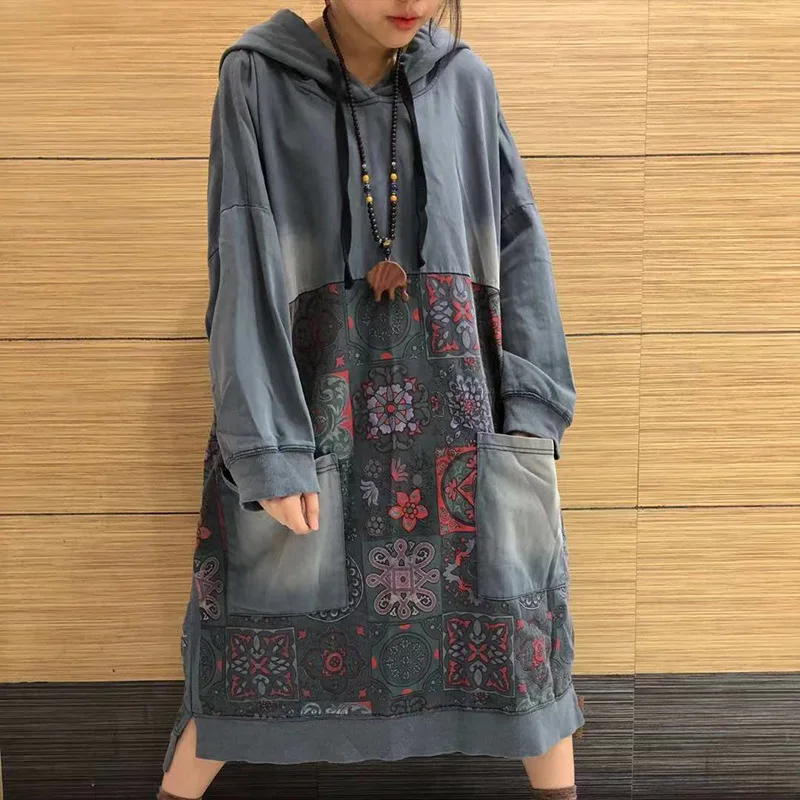 

March Autumn New Style Washing Retro Large Size Dress Retro Literature And Art-Style Hooded Mid-length Hoodie Women's