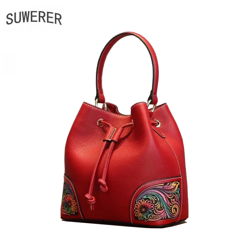 

SUWERER Quality tote bag Women Genuine Leather handbags real cowhide Hand carved luxury handbag women bags designer famous brand