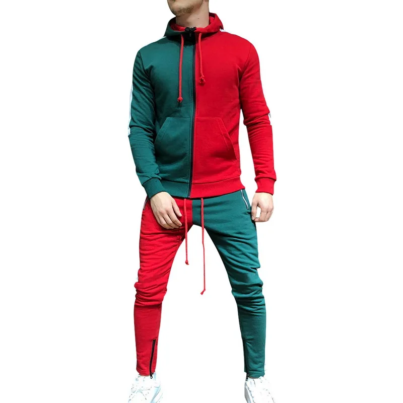 Мужской спортивный костюм из 2 предметов, толстовки+ спортивные костюмы для бега, спортивный костюм, куртка, комплект, Осень-зима, Лоскутная Повседневная мужская одежда с завязками - Цвет: Red-Green Set