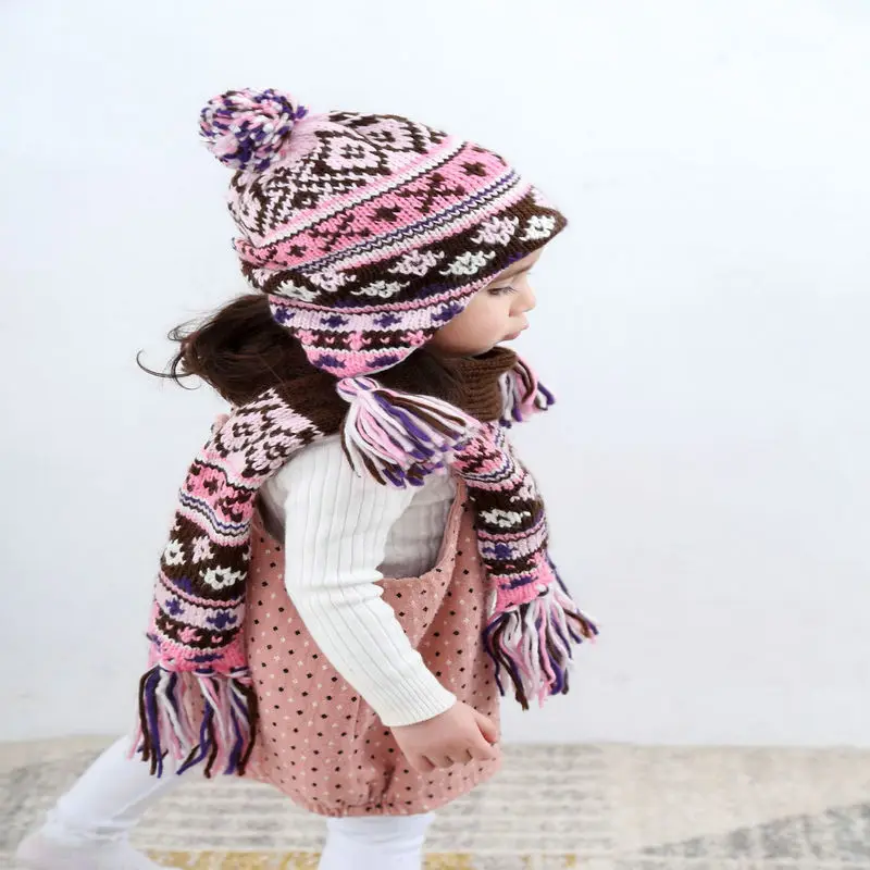Iceland yarn rhombus jacquard children's hat children's scarf two-piece children's autumn and winter hat