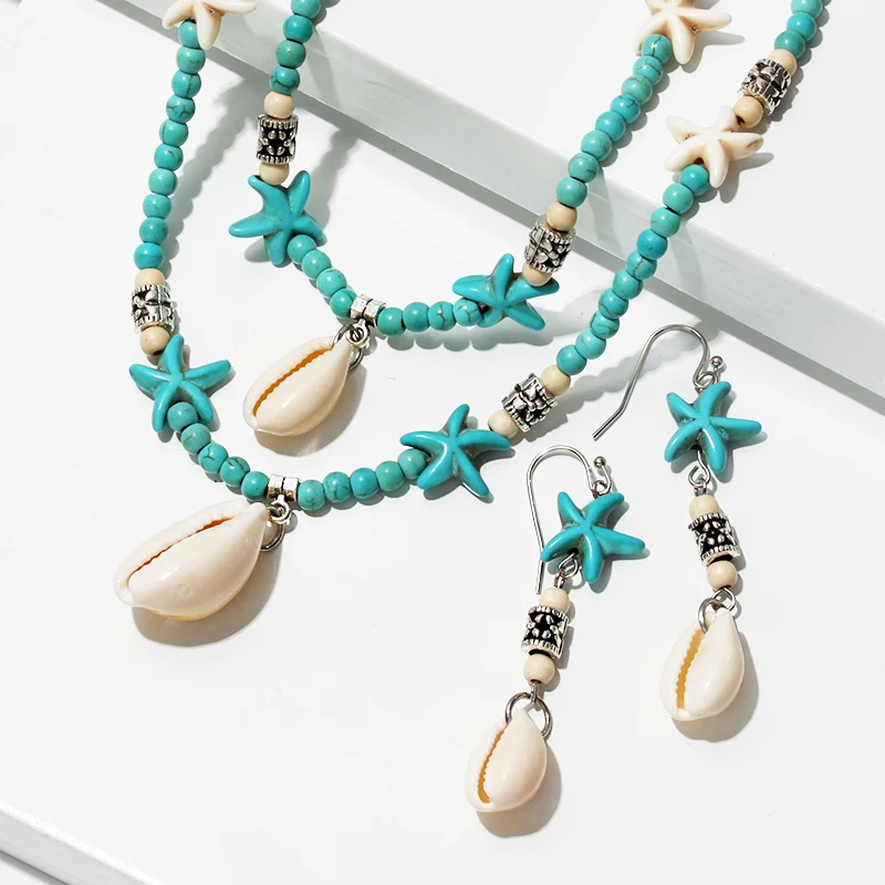 

KOMi Bohemian Hot Sale Natural Seashell Turquoises Earrings Necklace Bracelet Sets Stone Star Beads Jewelry for Women Gift D0131