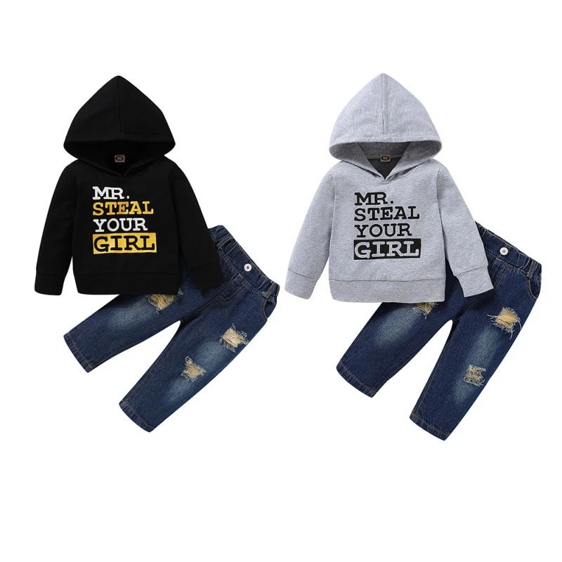 

Autumn Baby Boys Clothes Long Sleeve Letters Printed Hooded Sweatshirt Hole Denim Pants Outerwear