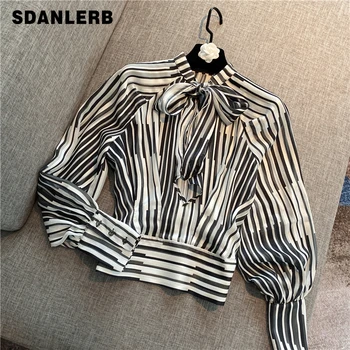 

Ladies Blouse 2020 Spring Summer New Elegant Cropped Slim Waist Bow Lantern Sleeve Stripes Chiffon Blouse Shirts Blusas Femme