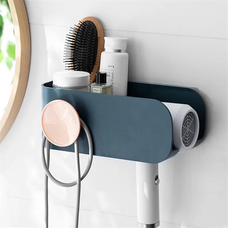 Wall Mounted Hair Dryer Holder Rack Plastic Storage Shelf Kitchen Bathroom Organizer Hair Dryer Rack Home Organizer