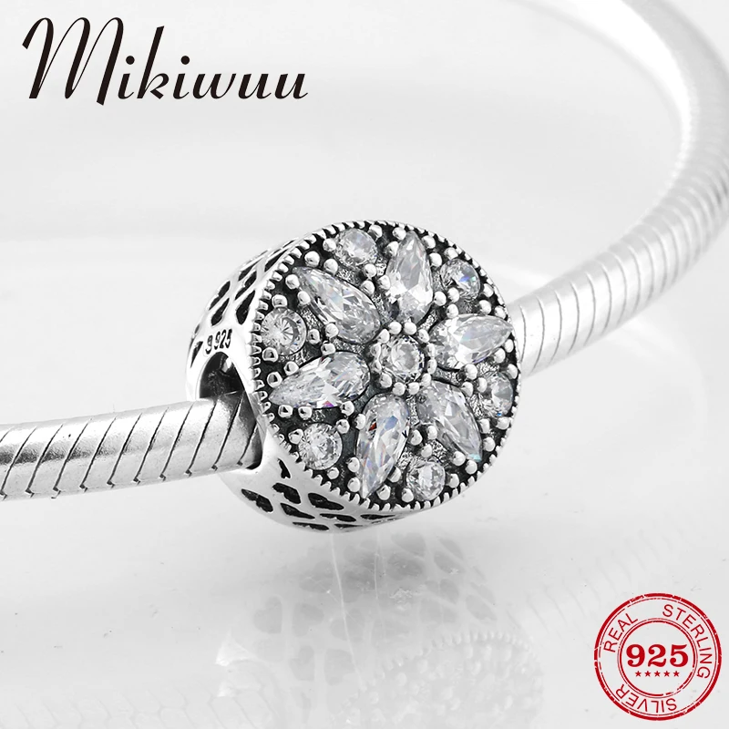 925 Sterling Silver Ice and snow bright Crystal zircon snowflake fine Beads Jewelry making Fit Original Mikiwuu Charm Bracelet | Украшения