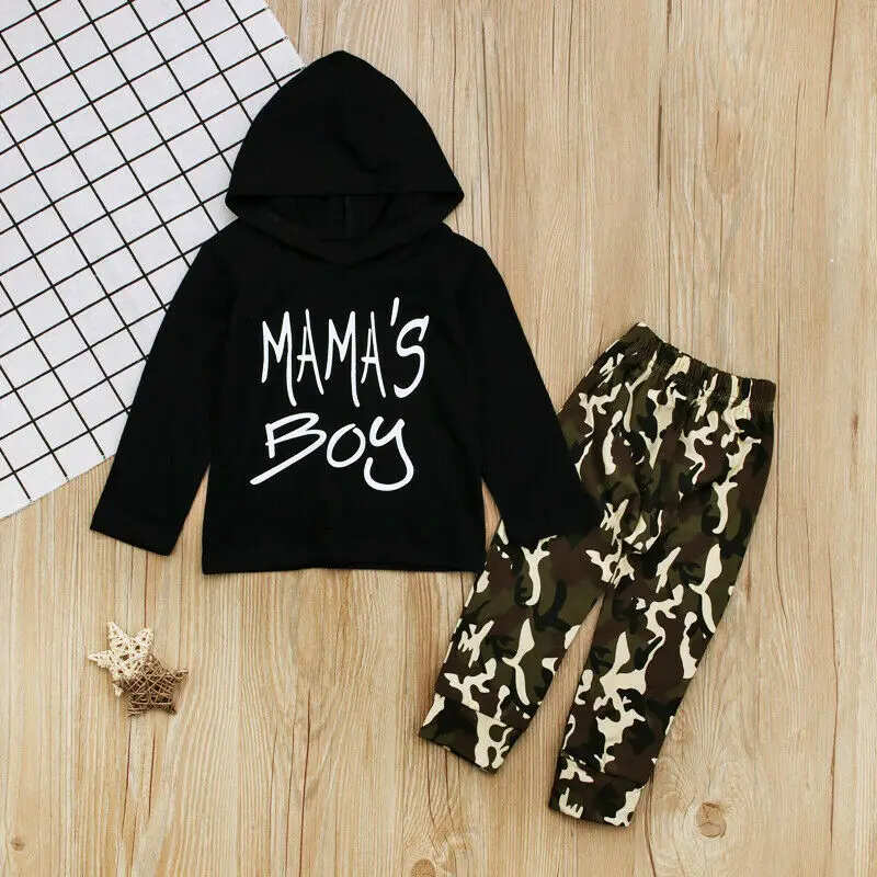 2-6T Little Boys Autumn Camo Clothes Set Kids Boy Long Sleeve Letters Hooded Sweater 2pcs Outfits Clothing Sets Warm Style