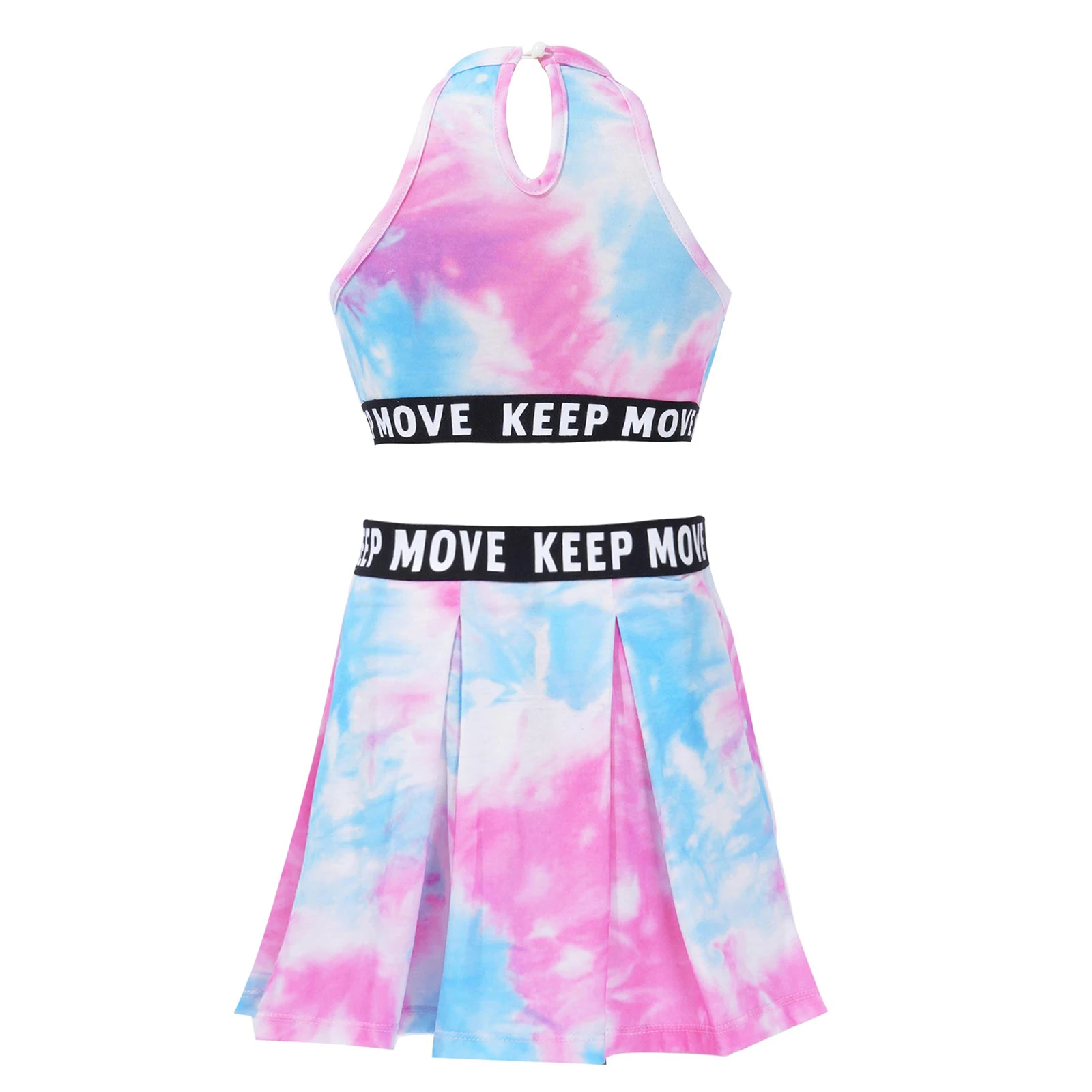 Kids Girls Tie Dye Print Sport Suit Halter Neck Sleeveless Crop Vest Tops and Pleated Skirt Set for Gym Tennis Dance Workout