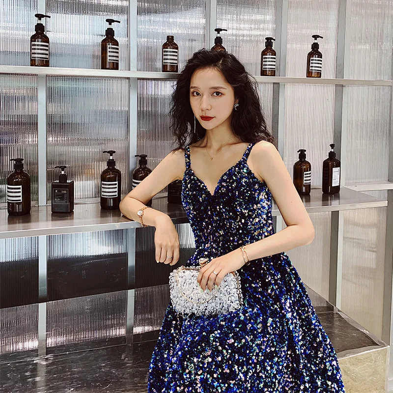 AE552 Prom Dresses Long New V-Neck Sleeveless A-line Sequined Wedding Guest Gowns Vestido De Gala