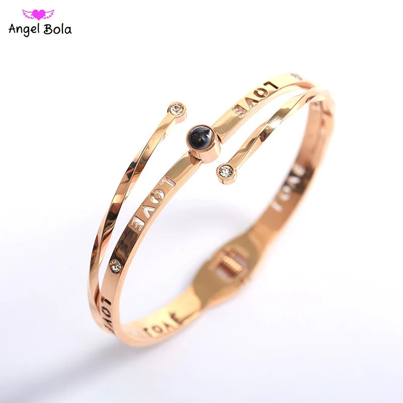 

100 Languages I Love You Projection Bracelet Titanium Stainless Steel Material Bangles Rose Gold Color Women Fine Trendy Jewelry