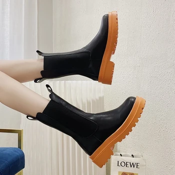 

2020 Winter Woman Fashion Ankle Boots Genuine Leather Platform Boots Women's Ulzzang Orange Round Toe Shoes Women Chunky Boots