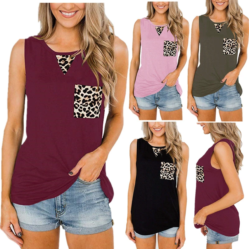 

Lady Sleeveless Leopard Pockest Tshirts Summer Women Loose Round Neck tops Tees Female Casual Tshirt Clothing