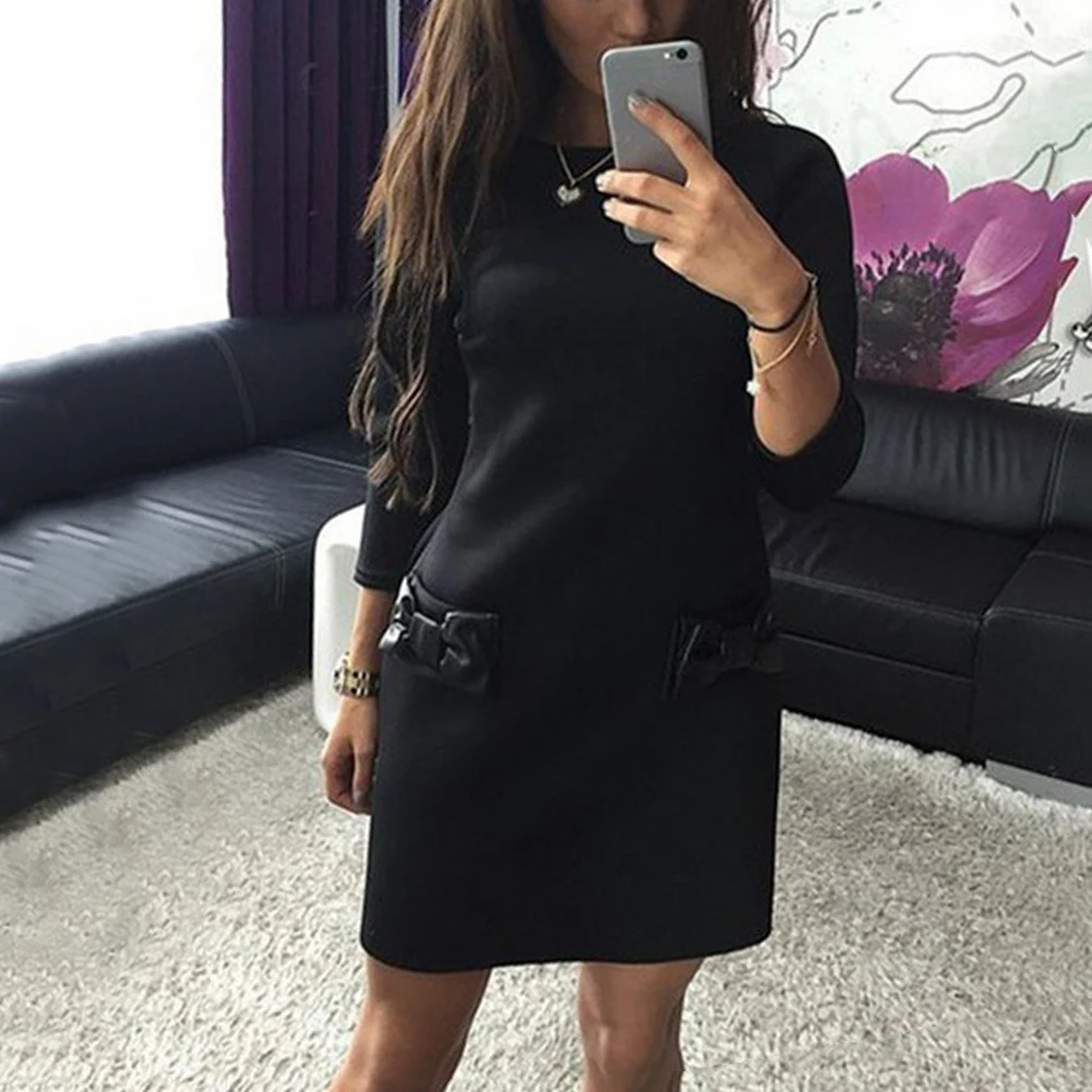 Ropa mujer vestido mujer повседневная женская обувь otouno цветная одежда O Cuello Manga larga Bowknot Bolsillos Mini vestido