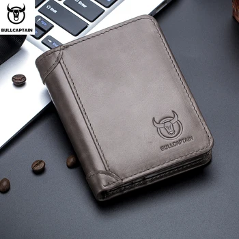 

Bullcaptain genuine leather men wallet with coin pocket retro fashion men purse features brown short wallets card holder clutch