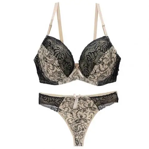 Beige36 80 2 шт Цвет Блок кружева пуш ап бюстгальтер стринги сексуальное женское нижнее белье набор - Цвет: Beige36 80