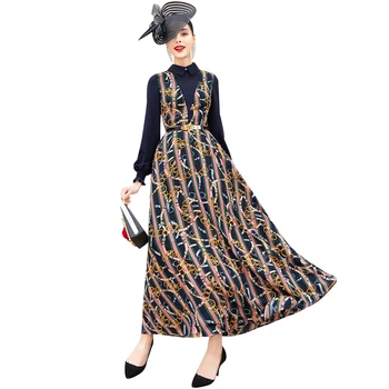 

Spring Chiffon Long Dress Office Lady Fake Two Pieces Dress Slim Waist Evening Clothing Ankle-Length Patchwork Elegant DZ1183