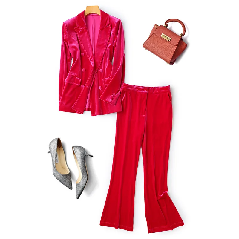 

Work Pant Suits OL 2 Piece Sets Double Breasted Velvet Blazer Jacket & Zipper Trousers Suit for Women Outfits