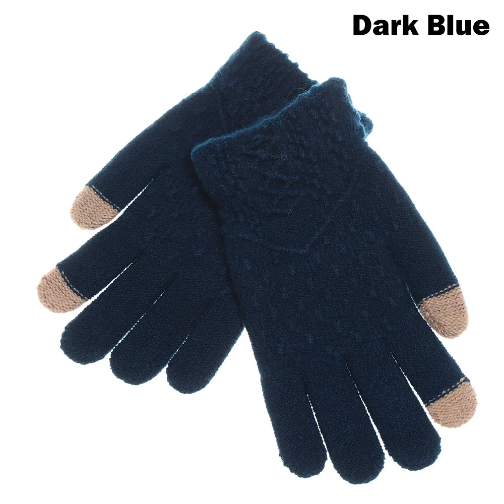 1 шт., мужские зимние теплые вязаные перчатки, гибкие перчатки на полный палец, утолщенные шерстяные кашемировые перчатки для смартфона, планшета - Цвет: 5-dark blue