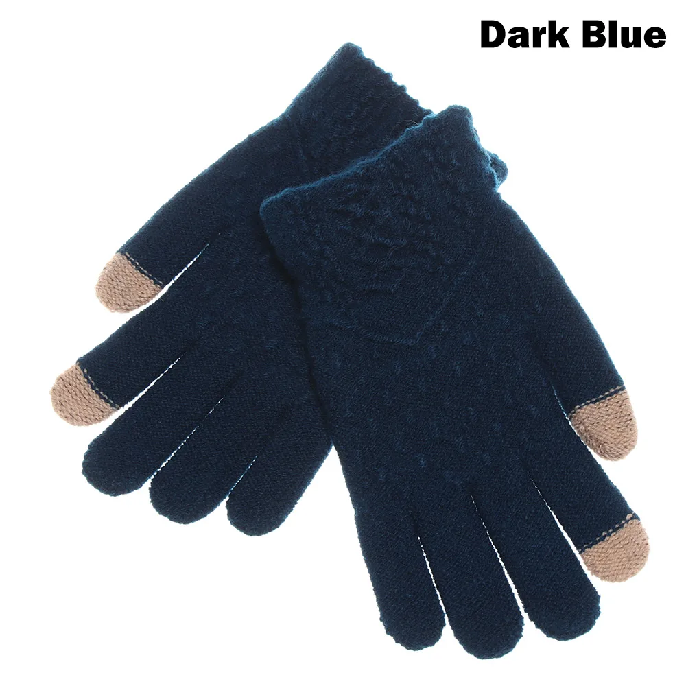 5-dark blue 1 шт., мужские зимние теплые вязаные перчатки, гибкие перчатки на полный палец, утолщенные шерстяные кашемировые перчатки для смартфона, планшета - Цвет: 5-dark blue