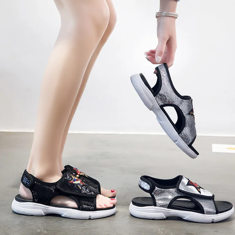 

Ozhouzhan Sandals Summer New Style Colored Sequins Five-pointed Star Athletic Peep-Toe Line-styled Flat Top Shoes WOMEN'S Shoes