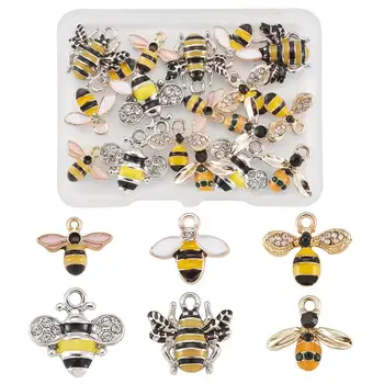 

24pcs Alloy Enamel Pendants for Jewelry Making DIY Yellow with Rhinestones Bees Light Gold 4pcs/Style