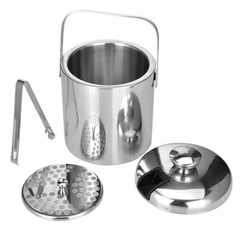 

1.3L Double Walled ice bucket Stainless steel Ice Cube Container with ice tong Clip Lid for storage and bar cooler