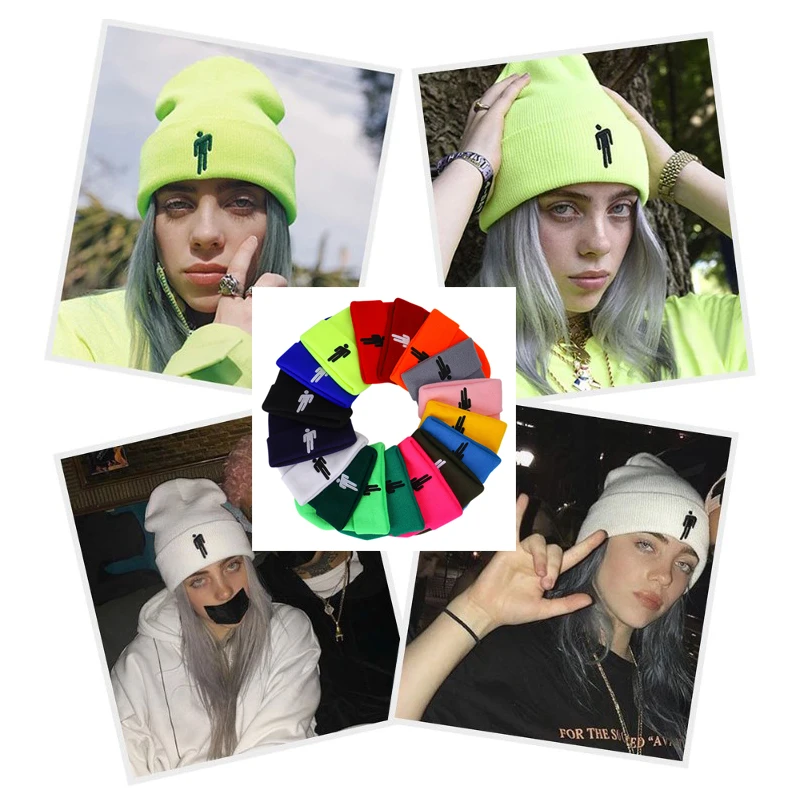 Вышивка Billie Eilish Beanie шляпа для женщин и мужчин вязаное, тёплое, зимнее шапки для мужчин и женщин Твердые хип-хоп повседневные с манжетами широкий берет-Боб