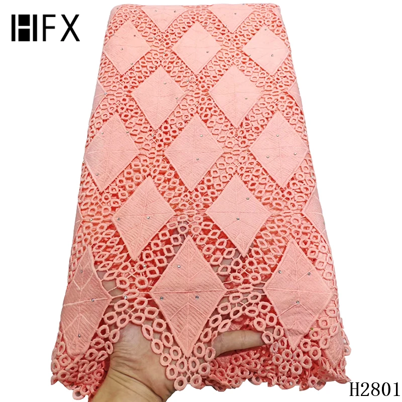 

HFX High Quality African Water Soluble Cord Lace Fabric Fashion Style Guipure Cord Network Laces With Stones For Nigerian H2801