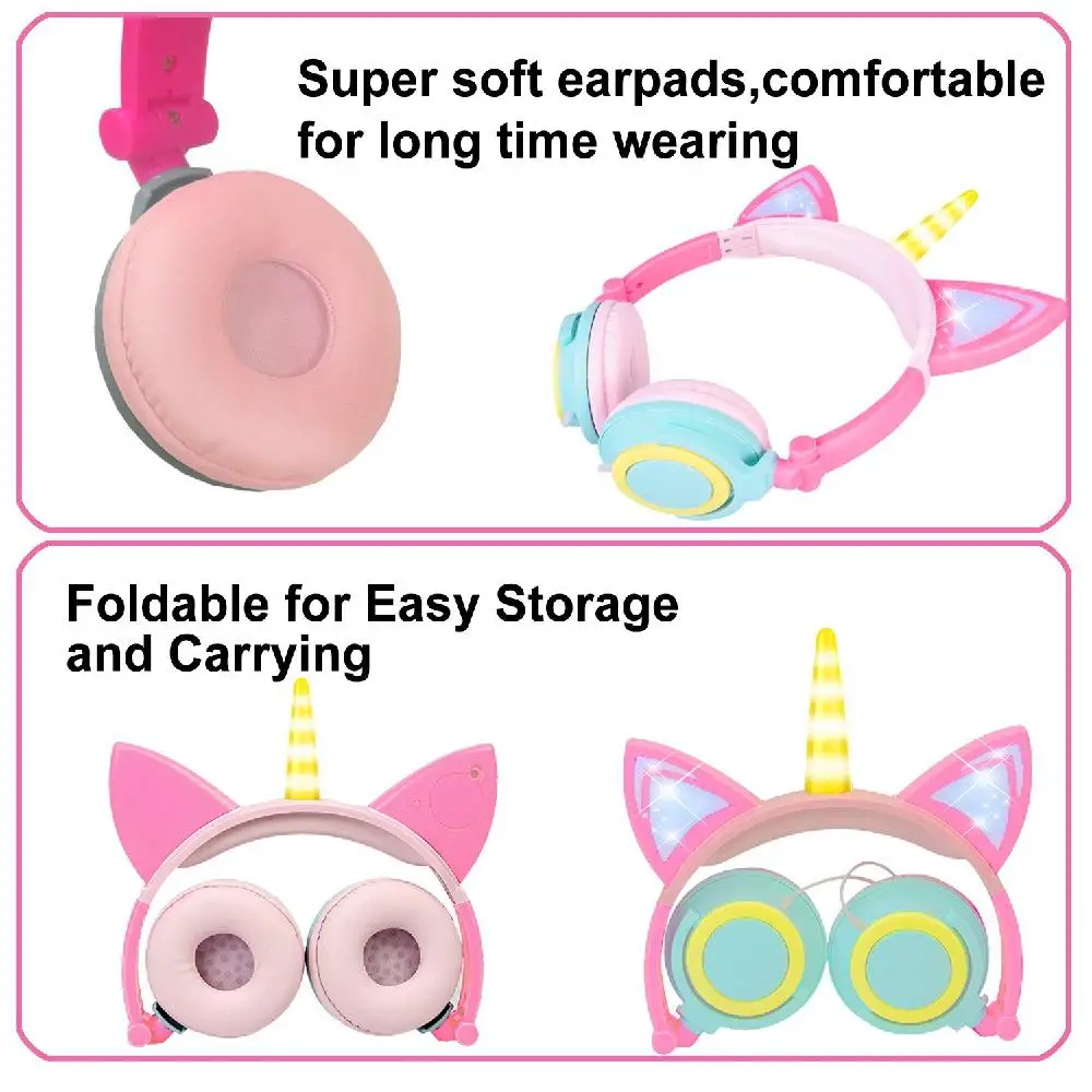 Cute Kids Cat Ear Headphones Wired Adjustable for Boys Girls Tablet Kids Headband Earphone Foldable Over On Ear Game Headset