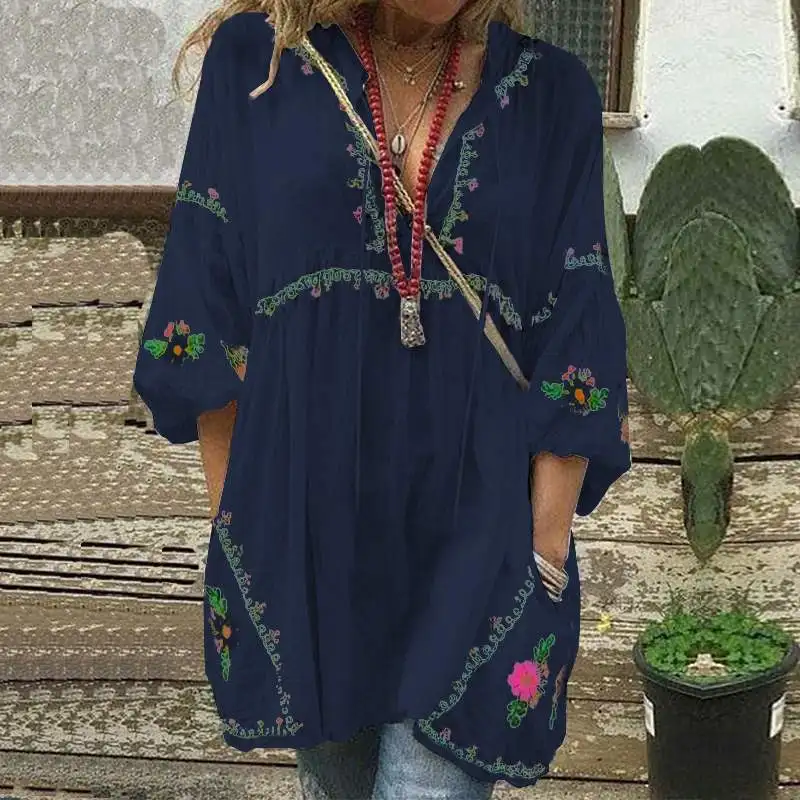 Navy Осенняя мода Blusas Vestidos ZANZEA, Женская богемная длинная рубашка с принтом, Повседневная блуза с v-образным вырезом, туника с длинными рукавами, топы женские - Цвет: Navy