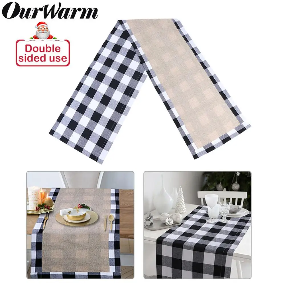 

OurWarm Black and White Buffalo Plaid Burlap Table Runner Christmas Table Cover Lumberjack Themed Birthday Party Decorations