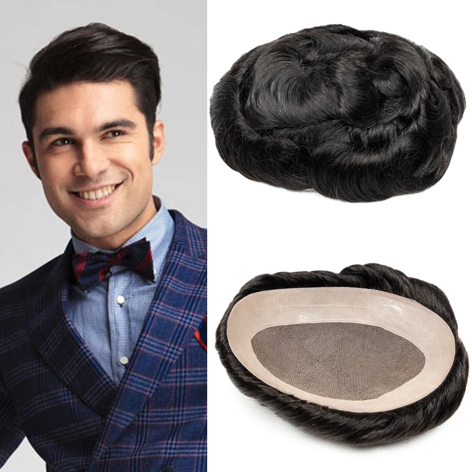 Isheeny Men Toupee Replacement System 100% Human Hair Piece PU & Mono Top Wig Short Remy Hair With Lace Hair Natural