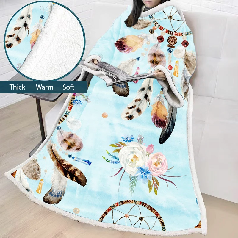 

3D Feather Flower Sherpa Blanket for Beds Velvet Plush Throw Blanket with Sleeve DreamCatcher Soft Bedding Manta Custom Blanket