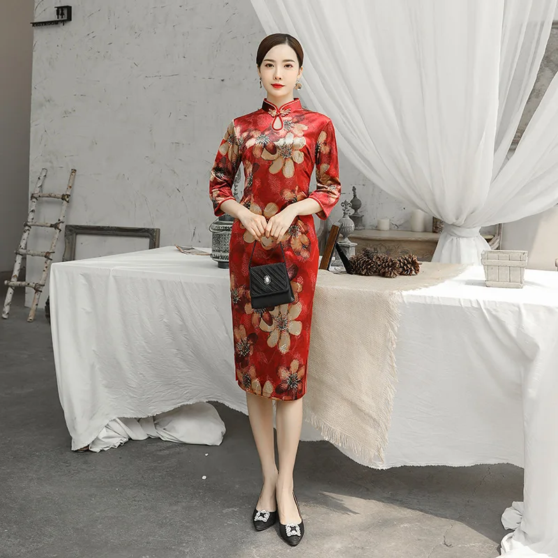 Сексуальное классическое велюровое цветочное женское Восточное Ципао Cheongsam винтажное Вечернее Платье Vestidos новинка обтягивающее китайское платье для выпускного вечера
