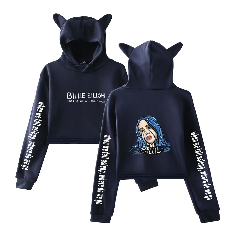 Толстовка в стиле хип-хоп Billie Eilish, женский милый топ, худи для девочек, Дамский модный пуловер, короткое худи с кошачьими ушами, толстовка