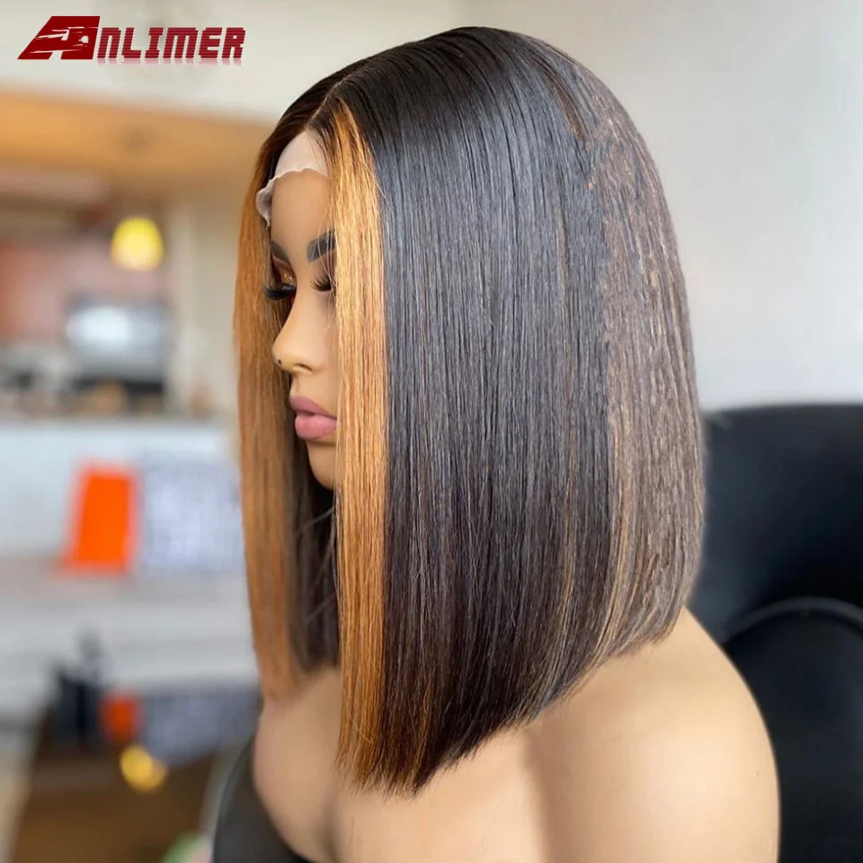 Dianteira do Laço Perucas de Cabelo Loira Destaque Cor Reta Bob Peruca Corte Blunt t Parte Humano Brasileiro Remy Cabelo 13x6 150% Mel 6 bob peruca corte blunt t parte dianteira