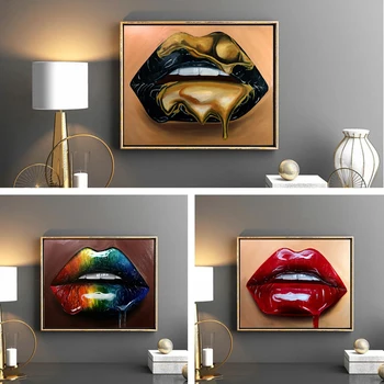

Woman Lips Modern Fashion Poster Makeup Wall Art Print Gold Sexy Charming Red Lips Art Canvas Painting Beauty Salon Wall Decor