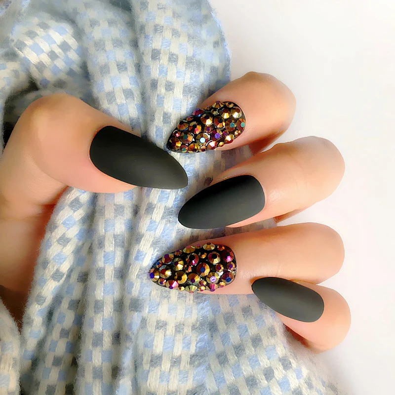 Custom Full Diamond Matte Coffin Fake Nails Designer Medium Long Dark Wine Red False Nails Natural Stiletto Ab Stones Tips False Nails Aliexpress