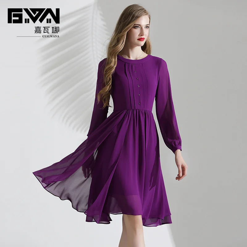 

2019 New fall Dress Female high quality Long Sleeve Purple Chiffon a-line elegant formal dresses