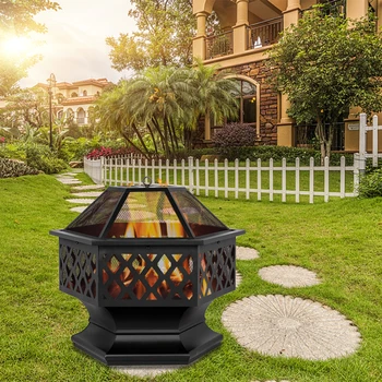 

24" Hex-Shaped Iron Brazier Wood Burning Fire Pit Table Outdoor Grill Fireplace for Garden Backyard Poolside