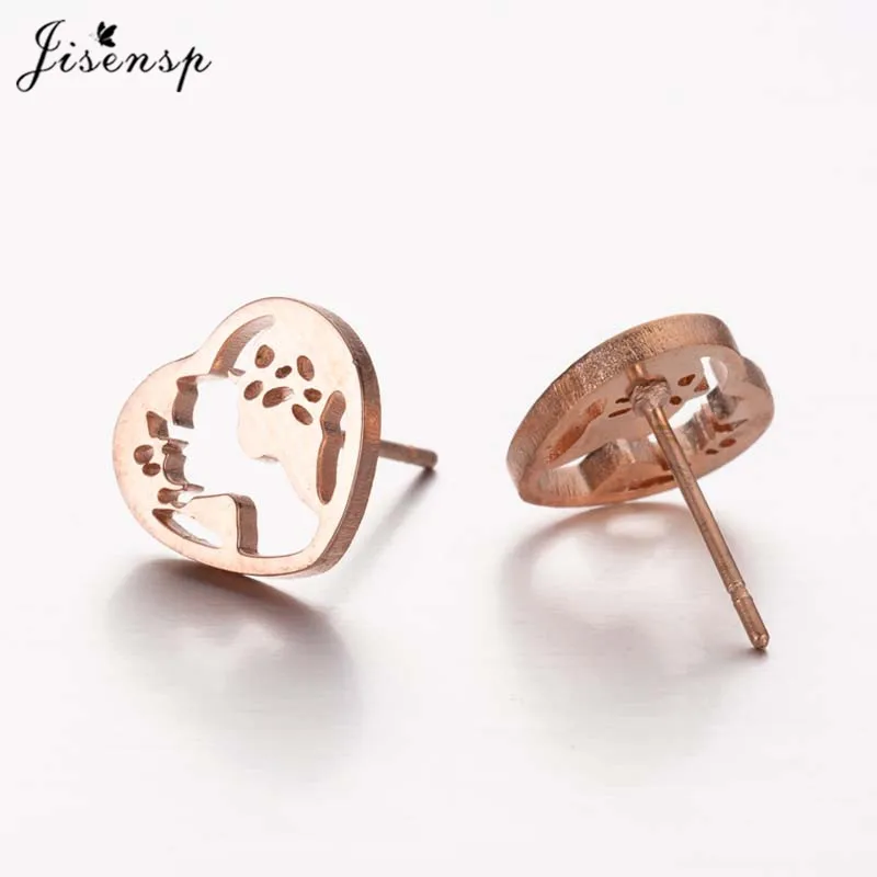 Jisensp 2019 Unique Design World Map Stainless Steel Earrings Fashion Jewelry for Women Hollow Heart Stud Earrings bijoux