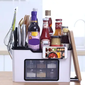 

Multi-function Kitchen Organizer Storage Box Pantry Organizer Kitchen Condiment With Grids Holder 6 Kitchen Box Dust Cover F3U4