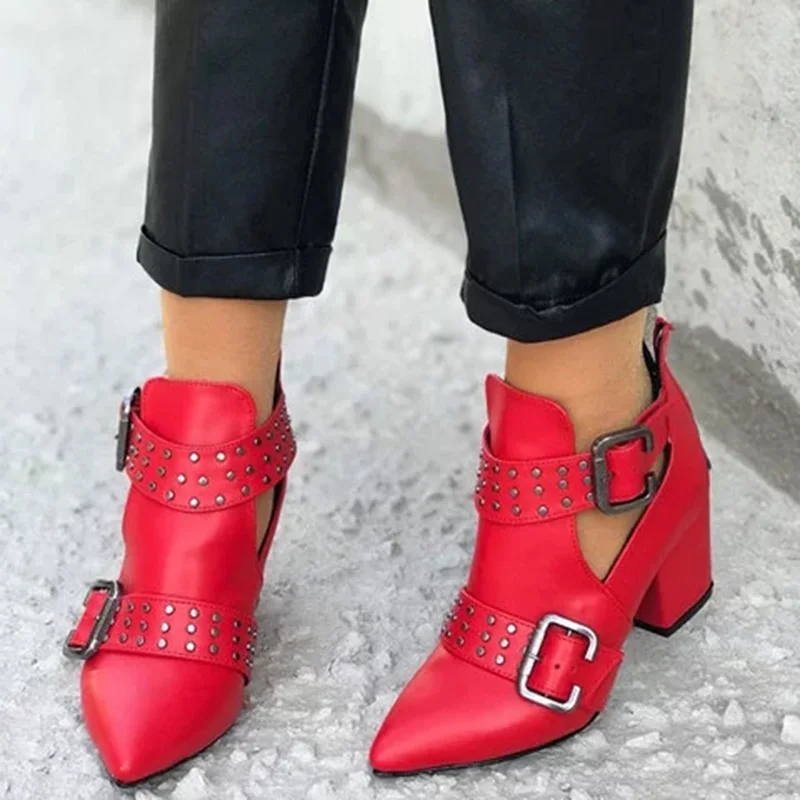 Sexy Winter Women Ankle Boots Leather Platform High Square Heel Rivet Belt Buckle Straps Punk Zipper Black Biker Botas Femininas