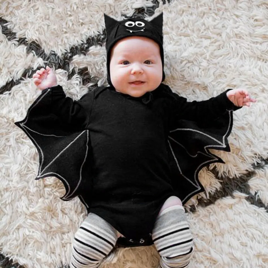 OverDose Producto Niño recién Nacido bebés niños niñas Halloween Cosplay Disfraz Mameluco Sombrero Trajes Conjunto Forma de murciélago Lindo Traje Lindo bebé Disfraz