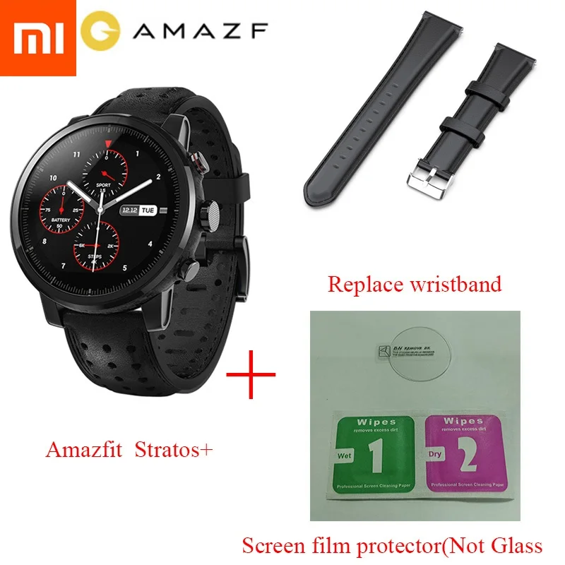 Глобальная версия Xiaomi Huami Amazfit 2 Stratos 2+ умные часы для мужчин с gps Xiaomi часы PPG монитор сердечного ритма 5ATM водонепроницаемый - Цвет: Add Black Wristband