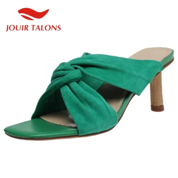 

JOUIR TALONS 2020 Hot Sale Genuine Leather Women Mules Sandals Thin Heels Pleated Shoes Summer Casual Woman Shoes