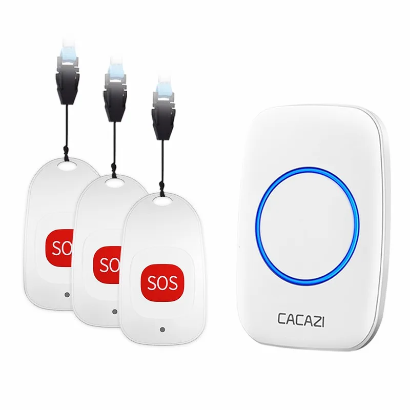 CACAZI Smart Home Wireless Pager Doorbell Old man Patient Emergency Alarm 80M Range 3 SOS Button 1 Receiver US EU UK Plug