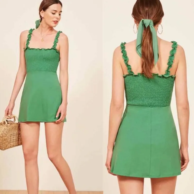 

2018 Western Style Simple New Style Women's Frilled Pleated Strapped Dress Slim Fit Slimming A- line Dress J8602