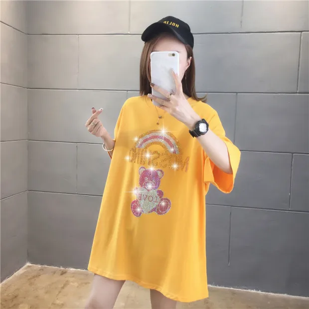 

Summer Korean fashion cotton loose hot brick cartoon middle long section large size women's short-sleeved shirt T-shirt