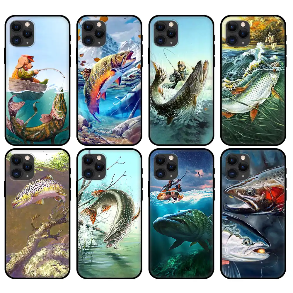 Black Tpu Case For Iphone6 6s 7 8 Plus X 10 Cover For Iphone Xr Xs 11 Pro Max Case Trout Panel Painting Fish Fishing Sport Phone Case Covers Aliexpress